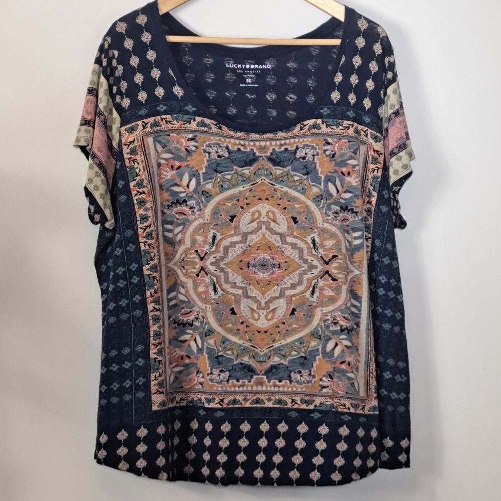 Lucky Brand 2x Boho Mandala Print Soft Cotton Modal Blend T-Shirt Top